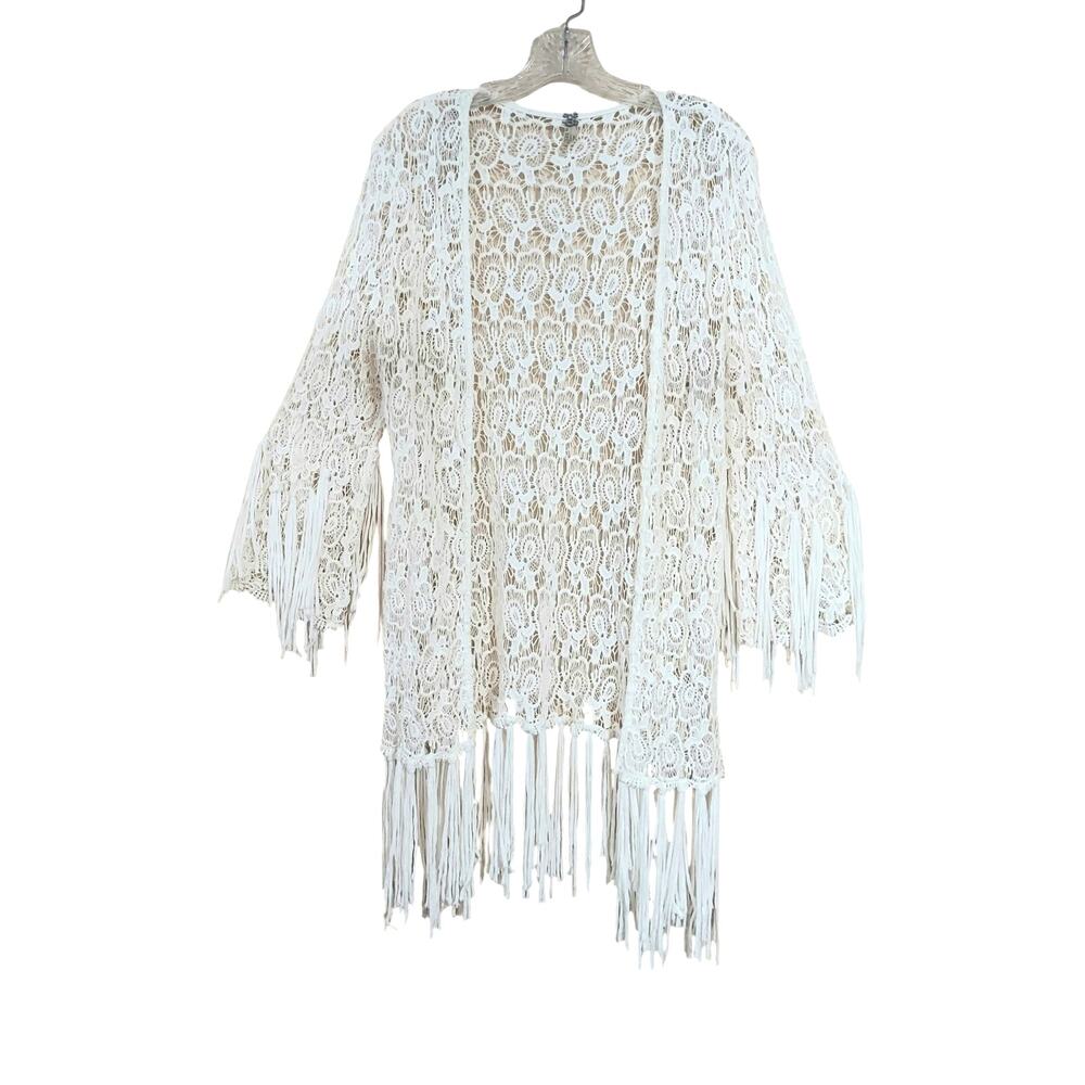 Gimmicks by BKE Women's Ivory Lace Fringed Open Front Cardigan